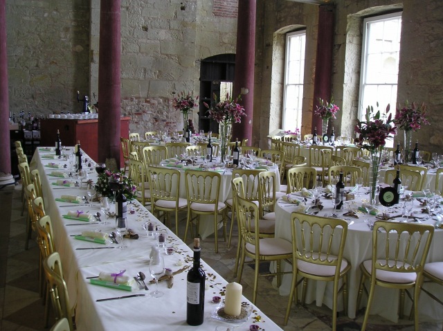 Main Hall set up for Reception with 104 Seated on long and Round Tables
