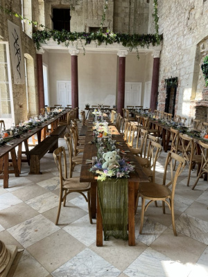 Reception with long tables for 84 in Great Hall